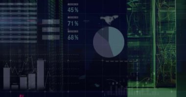 Animation of statistical data processing against computer server room. Computer interface and business data storage technology concept