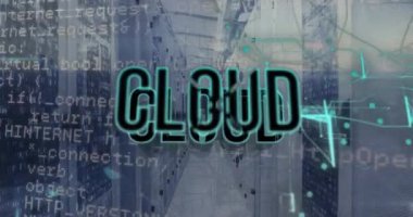 Veri sunucu odasında bulut dilinde ve bilgisayar dilinde bulut metninin canlandırması. Dijital bileşik, bulut hesaplama, kodlama, programlama dili, veri merkezi, ağ ve teknoloji kavramı.