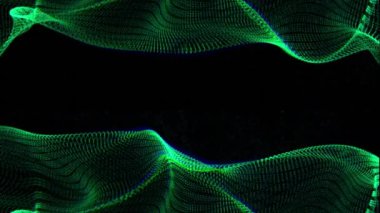 Siyah arkaplanda hareket eden parlayan yeşil enerji dalgaları. Soyut, veri, teknoloji, enerji, dijital arayüz, bağlantı ve iletişim dijital olarak oluşturulmuş video.