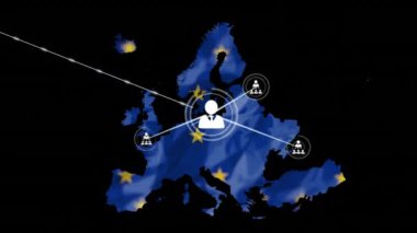 eu haritası üzerinde eu bayrağına karşı siyah arkaplan üzerinde profil simgeleri ağının canlandırılması. Küresel ağ ve vatanseverlik kavramı