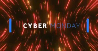 Siyah arkaplanda dönen kırmızı ışık yollarının üzerindeki siber pazartesi yazı pankartının animasyonu. İndirim ve perakende iş konsepti