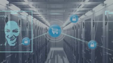 Bilgisayar sunucu odasında dijital simge ağının canlandırılması ve profil simgelerinin değiştirilmesi. Küresel ağ ve iş veri depolama teknolojisi kavramı