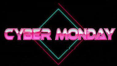 Siyah arkaplanda neon çizgileri üzerinden siber pazartesi metninin animasyonu. Satışlar, perakende satış, siber alışveriş, dijital arayüz, iletişim, bilgisayar ve veri işleme kavramı dijital olarak oluşturuldu.