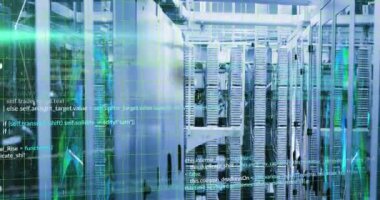 Bağlı noktalar üzerinden bilgisayar dilinin animasyonu ve veri sunucu sistemleri üzerinden dünya. Dijital bileşim, kodlama, küreselleşme, iletişim, veri merkezi, ağ ve teknoloji kavramı.