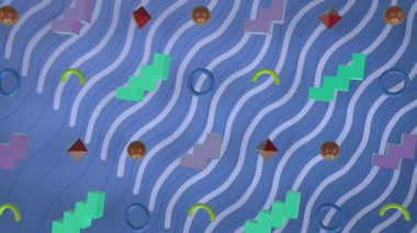 3 boyutlu geometrik şekillerin animasyonu, mavi arkaplana karşı dalga deseni üzerinde. Dijital olarak üretilmiş, hologram, illüstrasyon, üç boyutlu, soyut ve teknoloji kavramı.