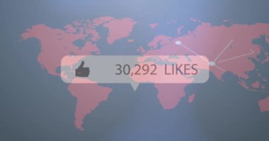 Dünya haritası üzerindeki bağlantı ağlarına karşı artan beğeni ve beğeni ile başparmağın hareket ettirilmesi. Sosyal medya ağı ve iş teknolojisi kavramı