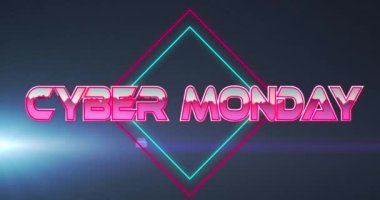 Pazartesi siber metninin mavi arkaplandaki neon çizgilerle canlandırılması. Küresel satışlar, perakende satış, dijital arayüz ve dijital olarak oluşturulan veri işleme kavramı.