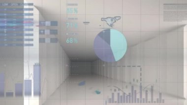 Boş ofis koridorlarına karşı şebeke üzerinden istatistiksel veri işleme animasyonu. Bilgisayar arayüzü ve iş veri teknolojisi kavramı