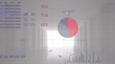 Boş ofis koridorlarına karşı şebeke üzerinden istatistiksel veri işleme animasyonu. Bilgisayar arayüzü ve iş veri teknolojisi kavramı