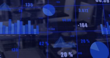 Boş ofise karşı istatistiksel veri işleme animasyonu. Bilgisayar arayüzü ve iş veri teknolojisi kavramı