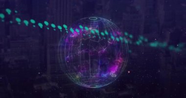 Grafik animasyonu, soyut arkaplan üzerinde değişen sayılar ve küreler. Dijital olarak üretilmiş, hologram, illüstrasyon, rapor, iş, büyüme, aydınlanma ve küreselleşme kavramı.
