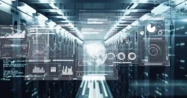 Veri sunucu odasında birden fazla grafik, küre, çubuk ve dairelerin animasyonu. Dijital bileşim, rapor, iş, ilerleme, küreselleşme, veri merkezi, ağ oluşturma, teknoloji, ağ sunucusu.