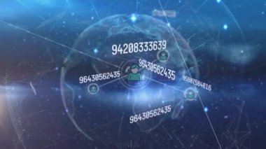 Çoklu değişen sayıların animasyonu, profil simgeleri ağı ve dönen dünya. Küresel ağ ve iş teknolojisi kavramı