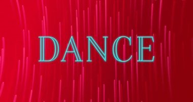 Kırmızı arkaplanda dönen neon pembe ışık yollarının üzerindeki neon dans mesajlarının animasyonu. Gece hayatı ve disko konsepti