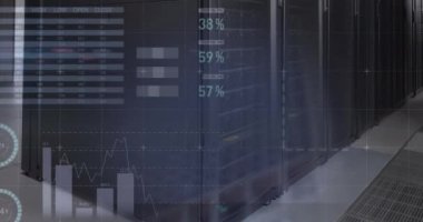 Animation of statistical data processing against computer server room. Computer interface and business data storage technology concept