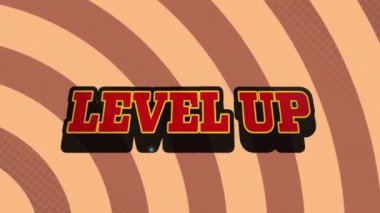 Kahverengi radyal arkaplana karşı retro konuşma baloncuğu üzerinden metin düzeyinin canlandırılması. Video oyunu arayüzü teknolojisi kavramı