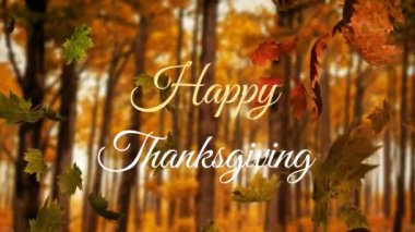 Mutlu şükran günü yazılı afişleri ve sonbahar yaprakları parkta ağaçlara karşı yüzüyor. Şükran Günü ve Sonbahar sezonu konsepti