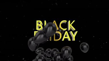 Siyah arkaplana karşı Kara Cuma metni üzerinde siyah balon animasyonu. Dijital olarak üretilmiş, hologram, illüstrasyon, parti, kutlama, alışveriş, olay ve reklam kavramı.