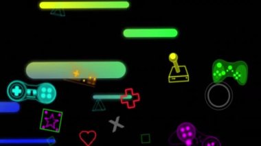 Gradyan ışık izlerinin animasyonu ve siyah arkaplana karşı neon oyun denetleyici simgeleri. Video oyunu ve eğlence teknolojisi kavramı