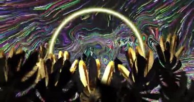 Renkli sıvı kıvrımlı arka planda yapraklar ve yanıp sönen halka ışığı. Soyut, doğa, teknoloji, enerji, dijital arayüz, bağlantı ve iletişim dijital olarak oluşturulmuş video.