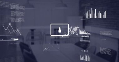 Ofisteki boş konferans odasına karşı istatistiksel veri işleme arayüzü animasyonu. Bilgisayar arayüzü ve iş veri teknolojisi kavramı