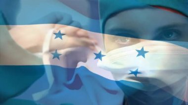 Hastanede cerrahi maske takan beyaz kadın cerrahlara karşı Honduras bayrağı sallama animasyonu. Tıbbi sağlık ve vatanseverlik kavramı