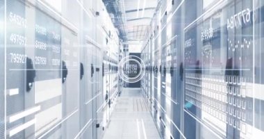 Grafiklerin animasyonu, değişen numaralar, sunucu odasına daireler ve çubuklar yükleme. Dijital bileşik, rapor, iş, büyüme, ilerleme, veri merkezi, ağ, teknoloji ve ağ sunucu kavramı.