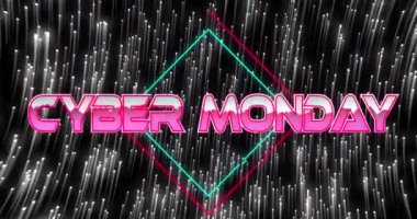 Siber pazartesi metinlerinin eşkenar dörtgenler üzerinde canlandırılması siyah arkaplandaki aydınlatılmış noktalar üzerinde. Dijital olarak üretilmiş, hologram, illüstrasyon, şekil, alışveriş, indirim ve satış kavramı.