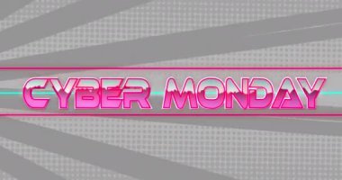 Gri arkaplanda pürüzsüz desenli radyal ışınlar üzerinde siber pazartesi yazılı afiş animasyonu. İndirim ve perakende iş konsepti