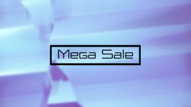 Mavi arkaplan üzerindeki soyut şablonla dikdörtgen halinde mega satış metninin animasyonu. Dijital olarak üretilen hologram, illüstrasyon, indirim, pazarlama, alışveriş, şekil ve reklam kavramı.