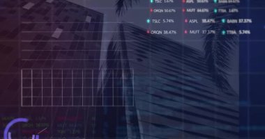 Modern binalar üzerinde birden fazla grafik, işlem tahtaları ve bilgisayar dili animasyonu. Dijital bileşik, çoklu pozlama, rapor, iş dünyası, borsa, kodlama, mimari ve teknoloji.