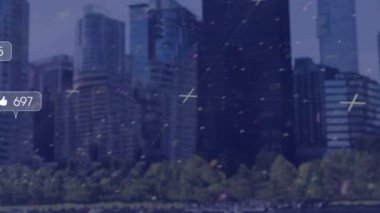 Animasyon tekniği, tebligat çubukları ve modern binalar üzerinde gökyüzüne karşı daireler. Dijital kompozit, çoklu pozlama, sosyal medya anımsatıcı, iş ve mimari kavramı.