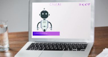 Sohbet robotu simgesi ve veri işleme ile bilgisayar ekranının animasyonu. Küresel yapay zeka, bağlantılar, ağlar, veri işleme ve dijital video arayüzü kavramı.