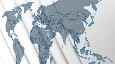 Haritadaki devre kartı desenlerinin ve geometrik şekillerin soyut arkaplanda canlandırılması. Dijital olarak üretilmiş, hologram, illüstrasyon, güç kaynağı, anakart, küresel ve teknoloji kavramı.