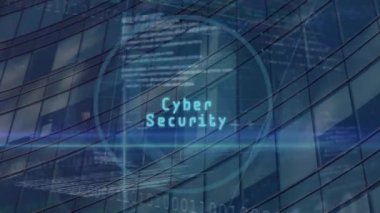 Kalkandaki siber güvenlik metninin animasyonu, borsa ve bilgisayar dili bina üzerinde. Dijital bileşik, borsa, koruma, programlama dili, mimari ve teknoloji kavramı.