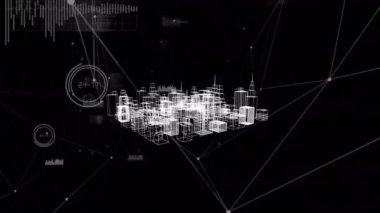 Şehir manzarası üzerindeki bağlantı ağının animasyonu. Dijital olarak oluşturulmuş küresel bağlantılar, ağlar, veri işleme ve dijital arayüz kavramı.