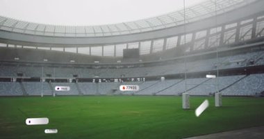 Boş spor stadyumlarına karşı yüzen sosyal medya ikonlarının animasyonu. Sosyal medya ağı ve spor turnuvası konsepti