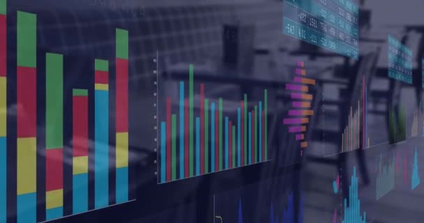 Animatie Van Interface Met Statistische Gegevensverwerking Tegen Leeg Café Kantoor — Stockvideo