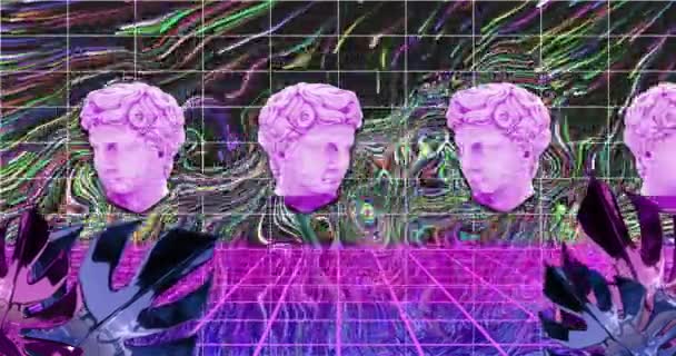 古典的な彫刻の頭部 葉およびグリッドは多色の液体の渦の上に アート テクノロジー エネルギー デジタルインターフェース コミュニケーションがデジタル生成されたビデオ — ストック動画
