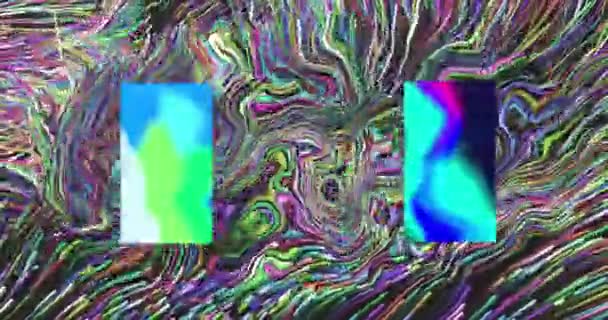 在彩色液体涡旋背景上 发光的蓝色矩形 数字接口 连接和通信 — 图库视频影像