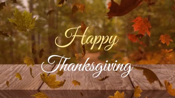 Animation Happy Thanksgiving Text Autumn Leaves Falling Wooden Plank Forest — Stock Video