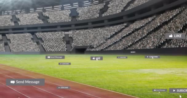 Animatie Van Social Media Iconen Zweven Tegen Lege Sportstadion Concept — Stockvideo