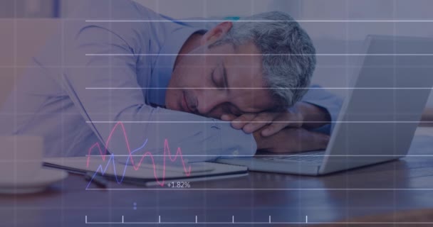 Animación Del Procesamiento Datos Estadísticos Sobre Hombre Negocios Caucásico Durmiendo — Vídeos de Stock
