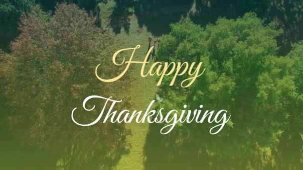 Animation Happy Thanksgiving Text Banner Aerial View Forest Park Thanksgiving — Stock Video