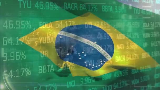 Animación Procesamiento Datos Bursátiles Contra Ondear Bandera Brasileña Concepto Economía — Vídeos de Stock