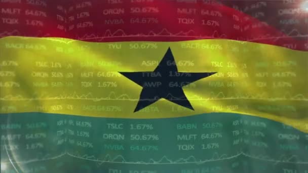 Анимация Обработки Данных Фондового Рынка Против Размахивания Флагом Ганы Концепция — стоковое видео