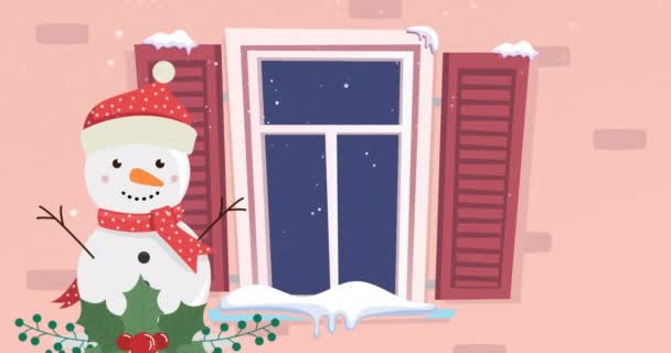 Анімація Снігу Падає Над Вікном Сніговиком Різдво Зима Традиція Концепція — стокове відео