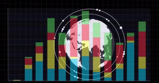 Animacja Wykresów Kodów Binarnych Globu Kręgach Czarnym Tle Cyfrowo Generowane — Wideo stockowe