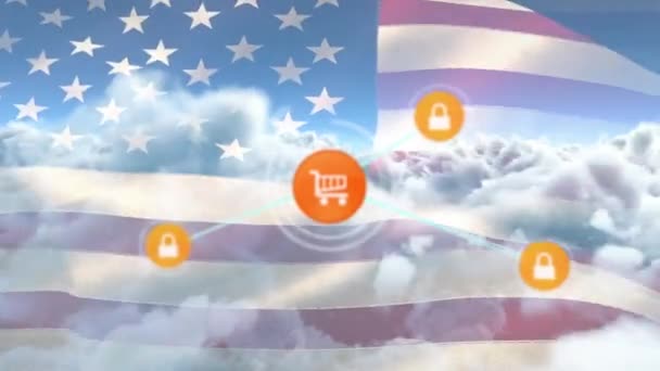 在天空中的云彩和太阳上的数字图标网络的动画 以对抗飘扬的美国国旗 全球网络和爱国主义概念 — 图库视频影像
