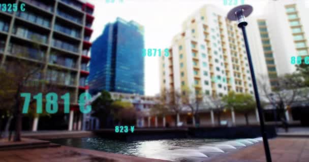Animation Changing Numbers Currency Symbols Time Lapse People Walking Buildings — Stock Video